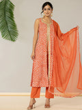 Yufta Cotton Leheriya Orange Kurta Dupatta Set | Grocsy