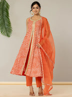 Yufta Cotton Leheriya Orange Kurta Dupatta Set | Grocsy