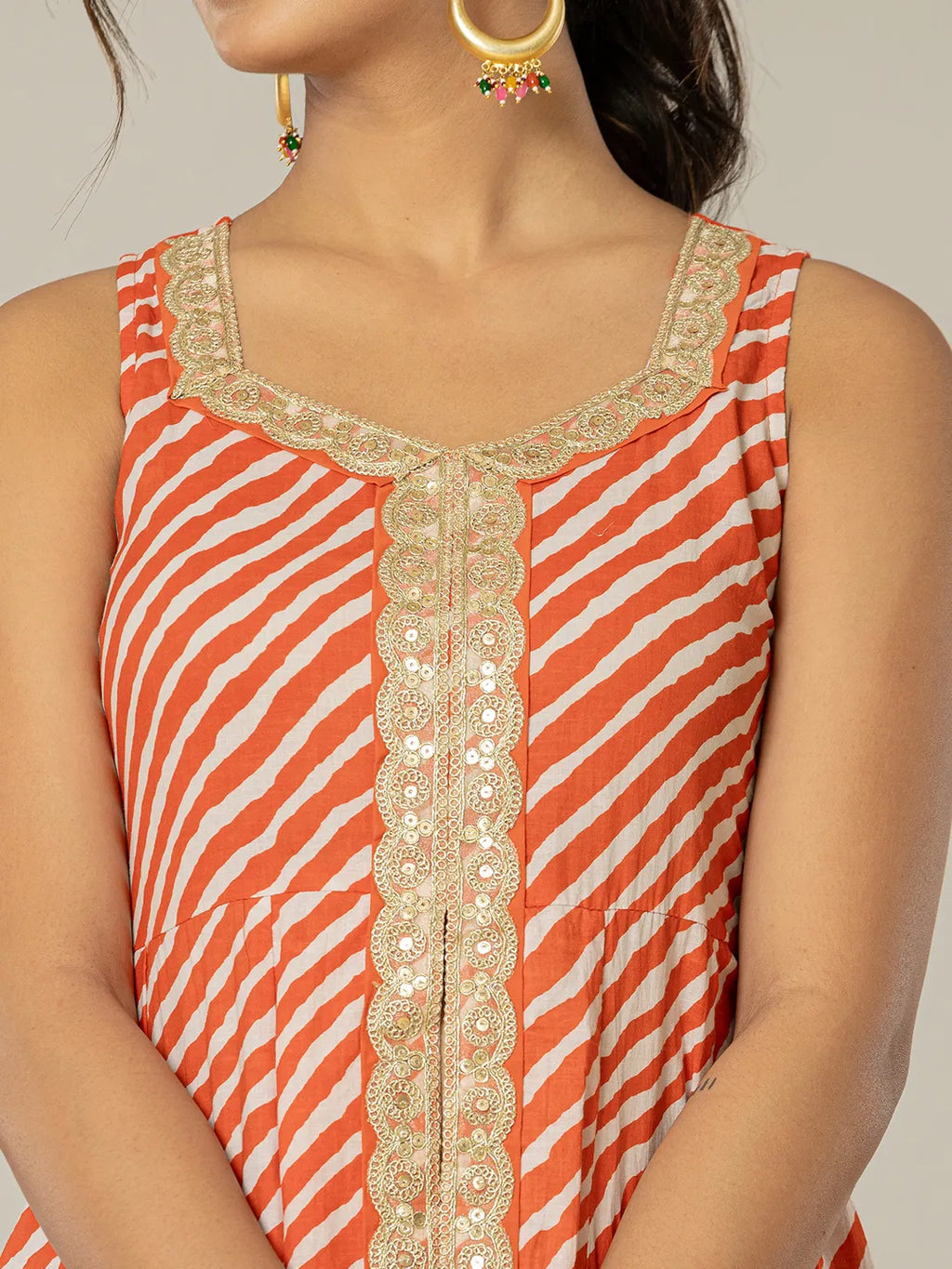 Yufta Cotton Leheriya Orange Kurta Dupatta Set | Grocsy