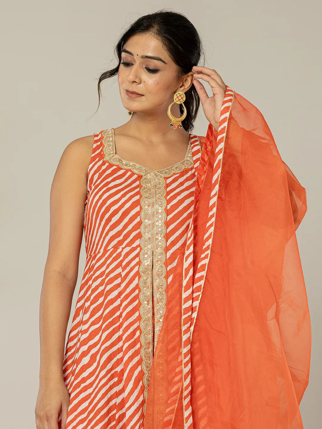 Yufta Cotton Leheriya Orange Kurta Dupatta Set | Grocsy