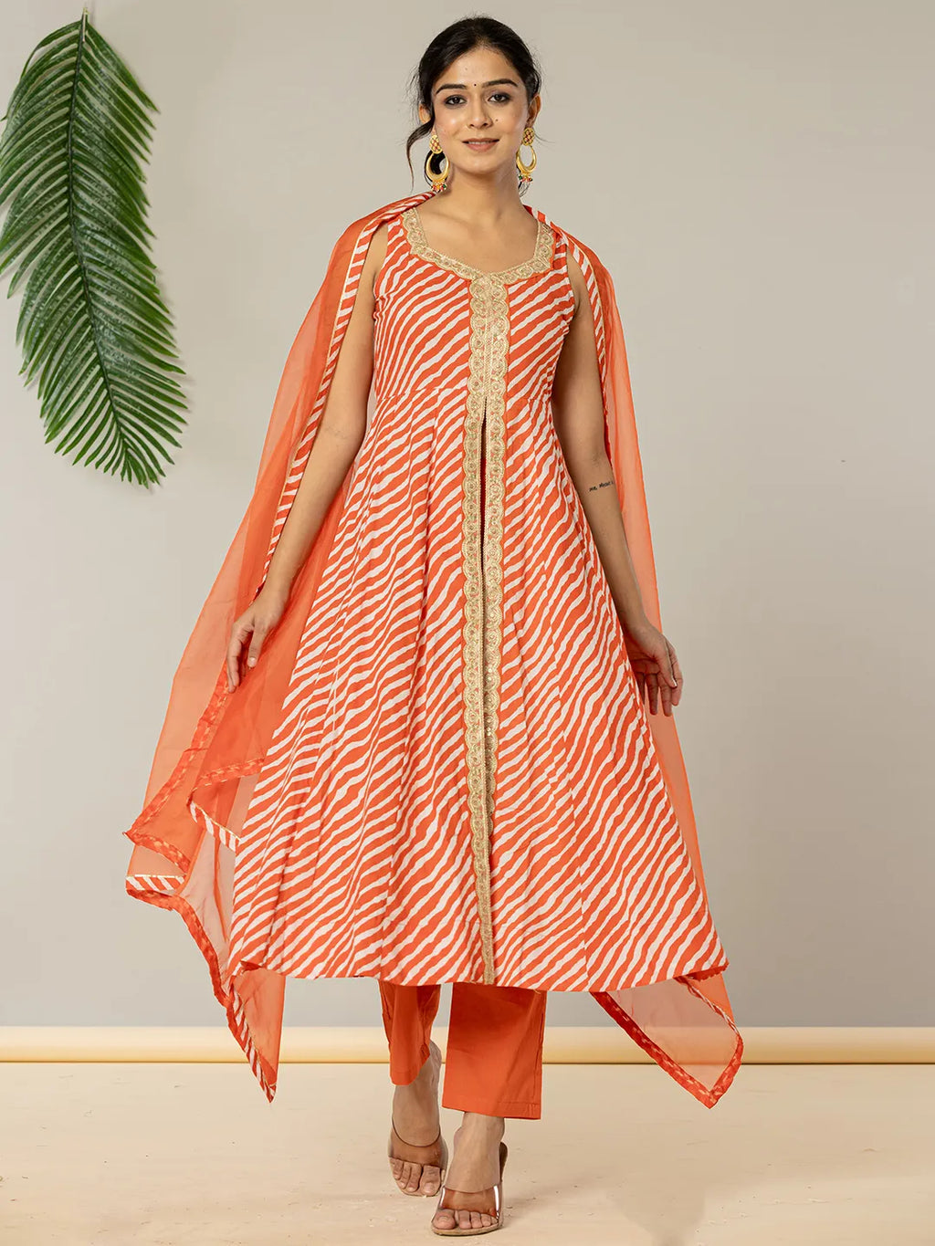 Yufta Cotton Leheriya Orange Kurta Dupatta Set | Grocsy