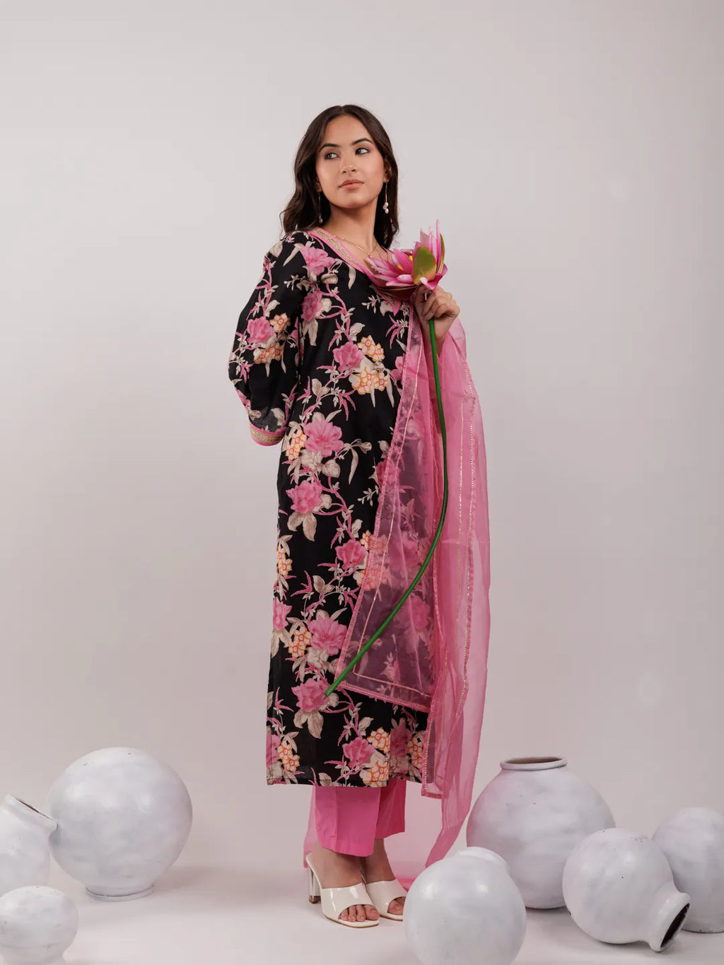 Yufta Black Floral Print Cotton Straight Kurta Trouser With Dupatta Set | Grocsy