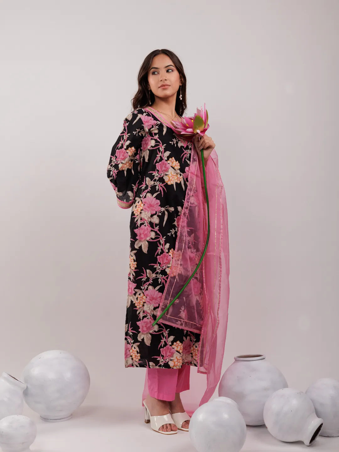 Yufta Black Floral Print Cotton Straight Kurta Trouser With Dupatta Set | Grocsy