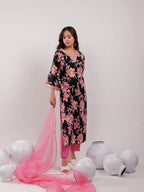 Yufta Black Floral Print Cotton Straight Kurta Trouser With Dupatta Set | Grocsy