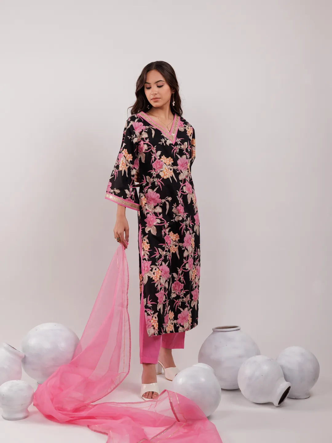 Yufta Black Floral Print Cotton Straight Kurta Trouser With Dupatta Set | Grocsy