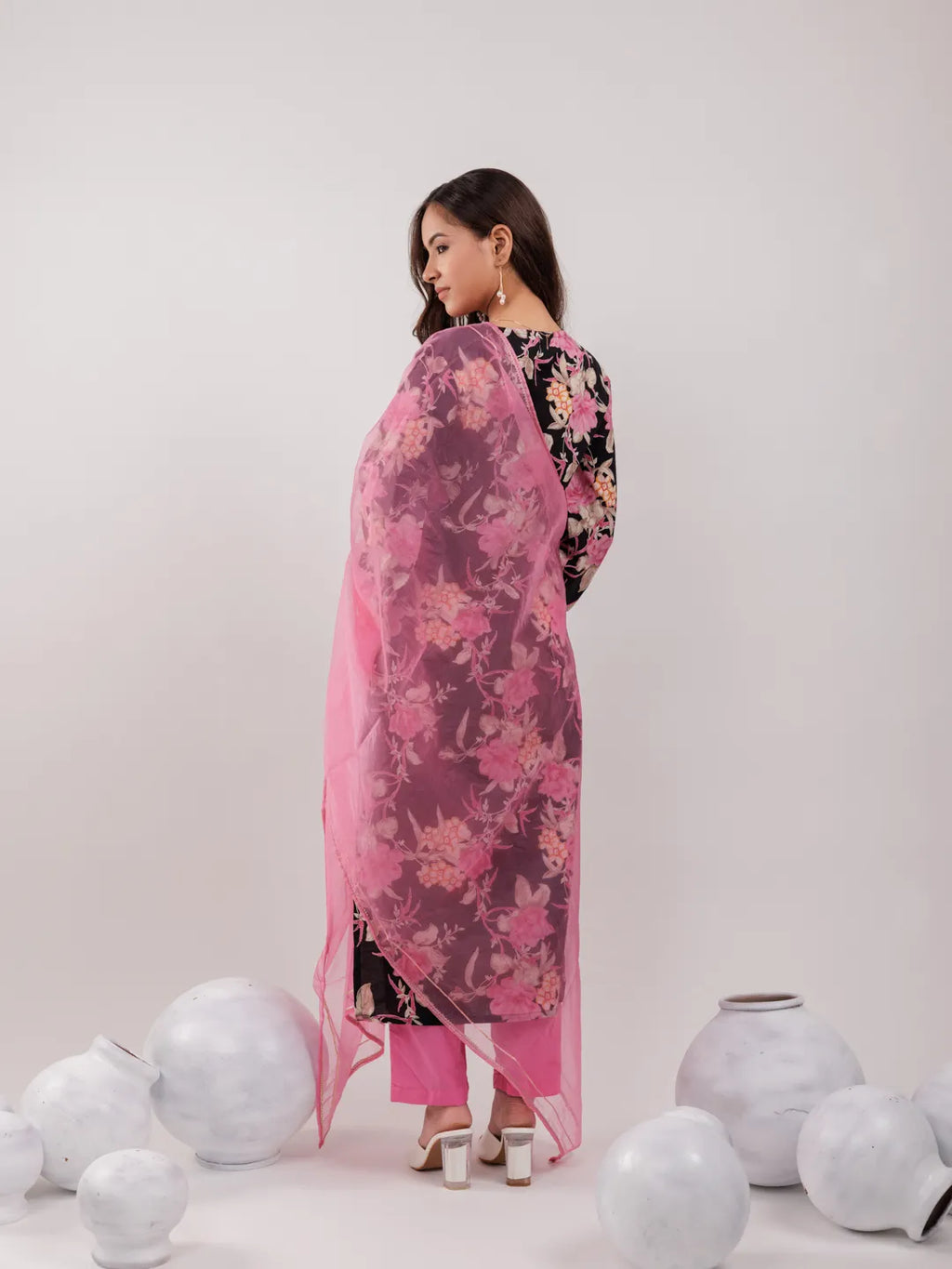 Yufta Black Floral Print Cotton Straight Kurta Trouser With Dupatta Set | Grocsy