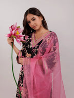 Yufta Black Floral Print Cotton Straight Kurta Trouser With Dupatta Set | Grocsy