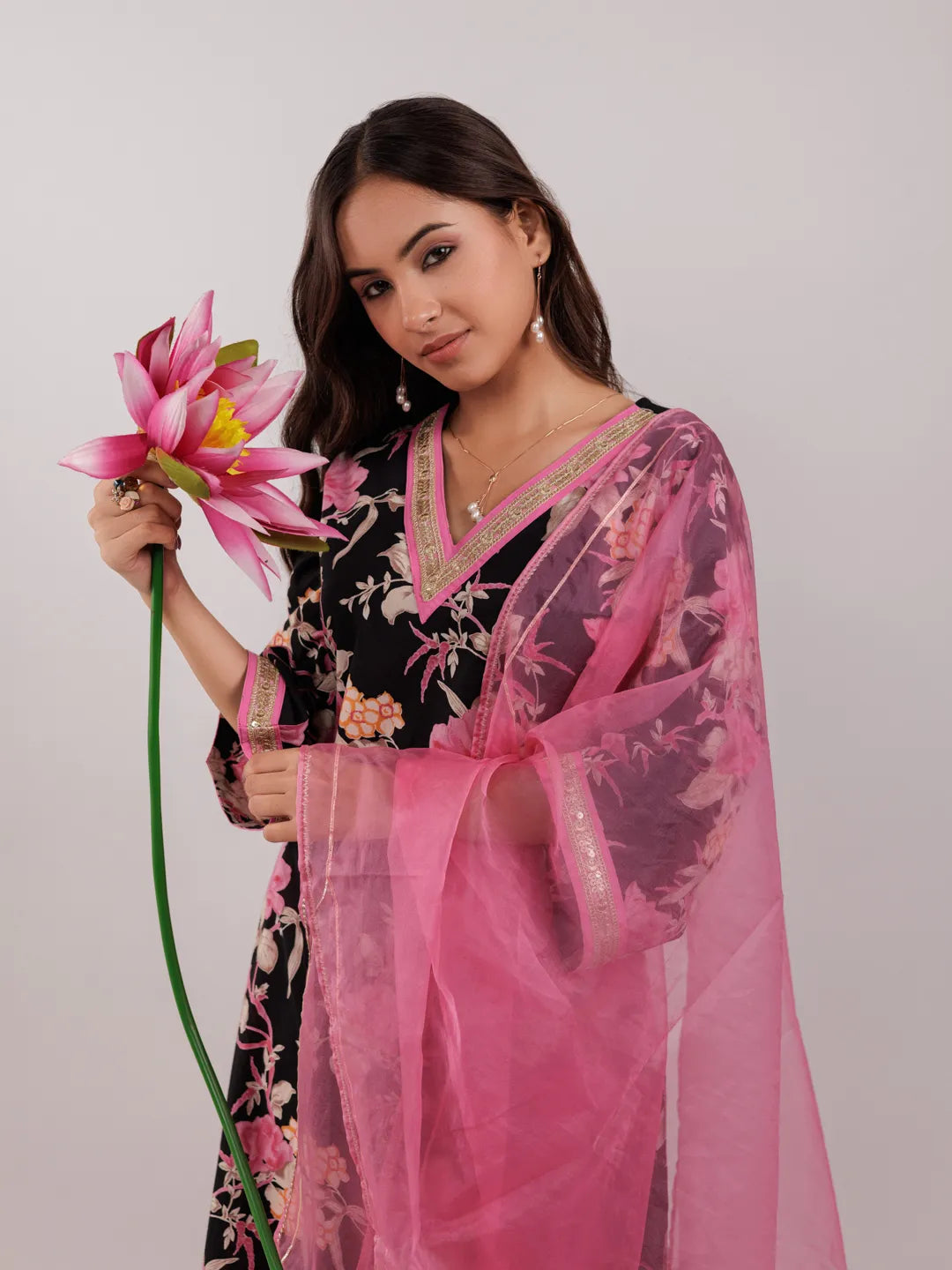 Yufta Black Floral Print Cotton Straight Kurta Trouser With Dupatta Set | Grocsy