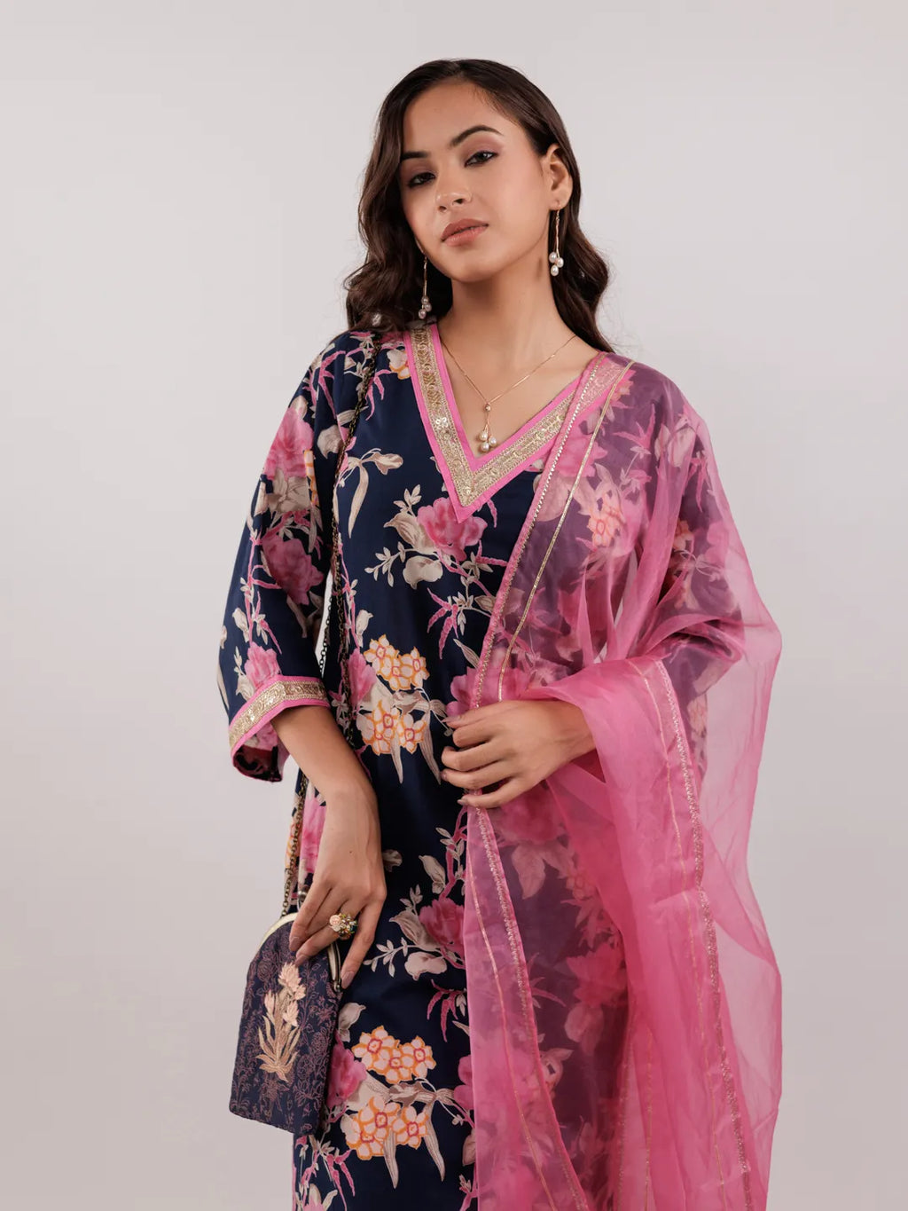 Yufta Navy Blue Floral Print Cotton Straight Kurta Trouser With Dupatta Set | Grocsy