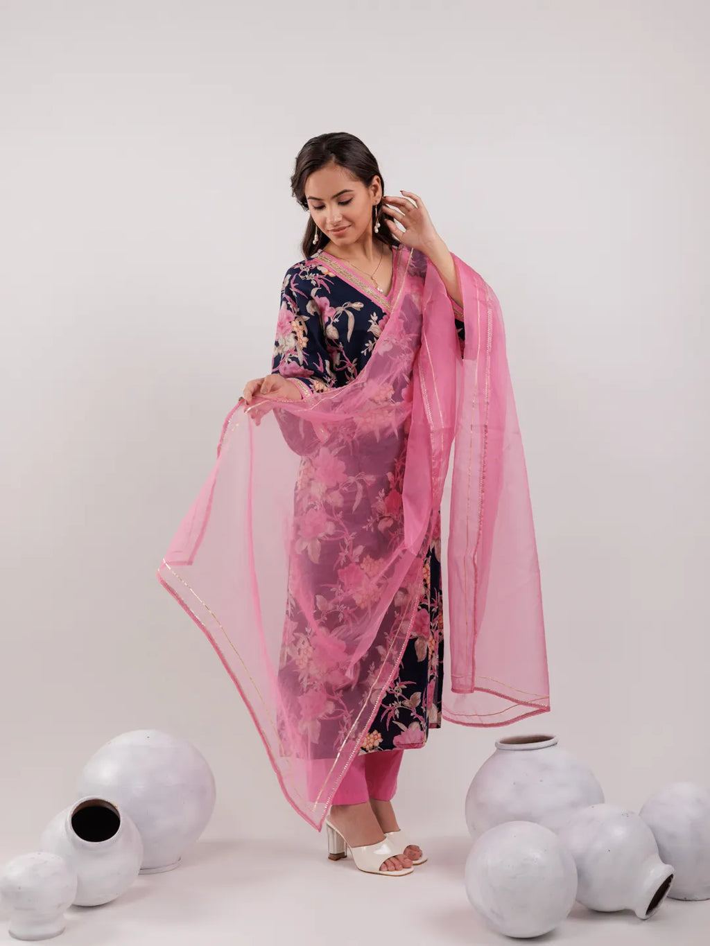 Yufta Navy Blue Floral Print Cotton Straight Kurta Trouser With Dupatta Set | Grocsy