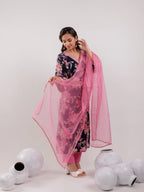Yufta Navy Blue Floral Print Cotton Straight Kurta Trouser With Dupatta Set | Grocsy
