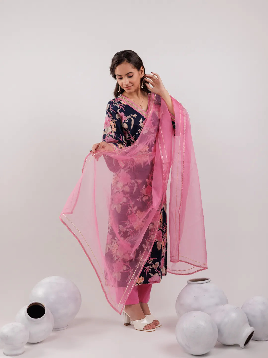 Yufta Navy Blue Floral Print Cotton Straight Kurta Trouser With Dupatta Set | Grocsy