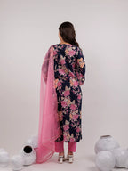 Yufta Navy Blue Floral Print Cotton Straight Kurta Trouser With Dupatta Set | Grocsy