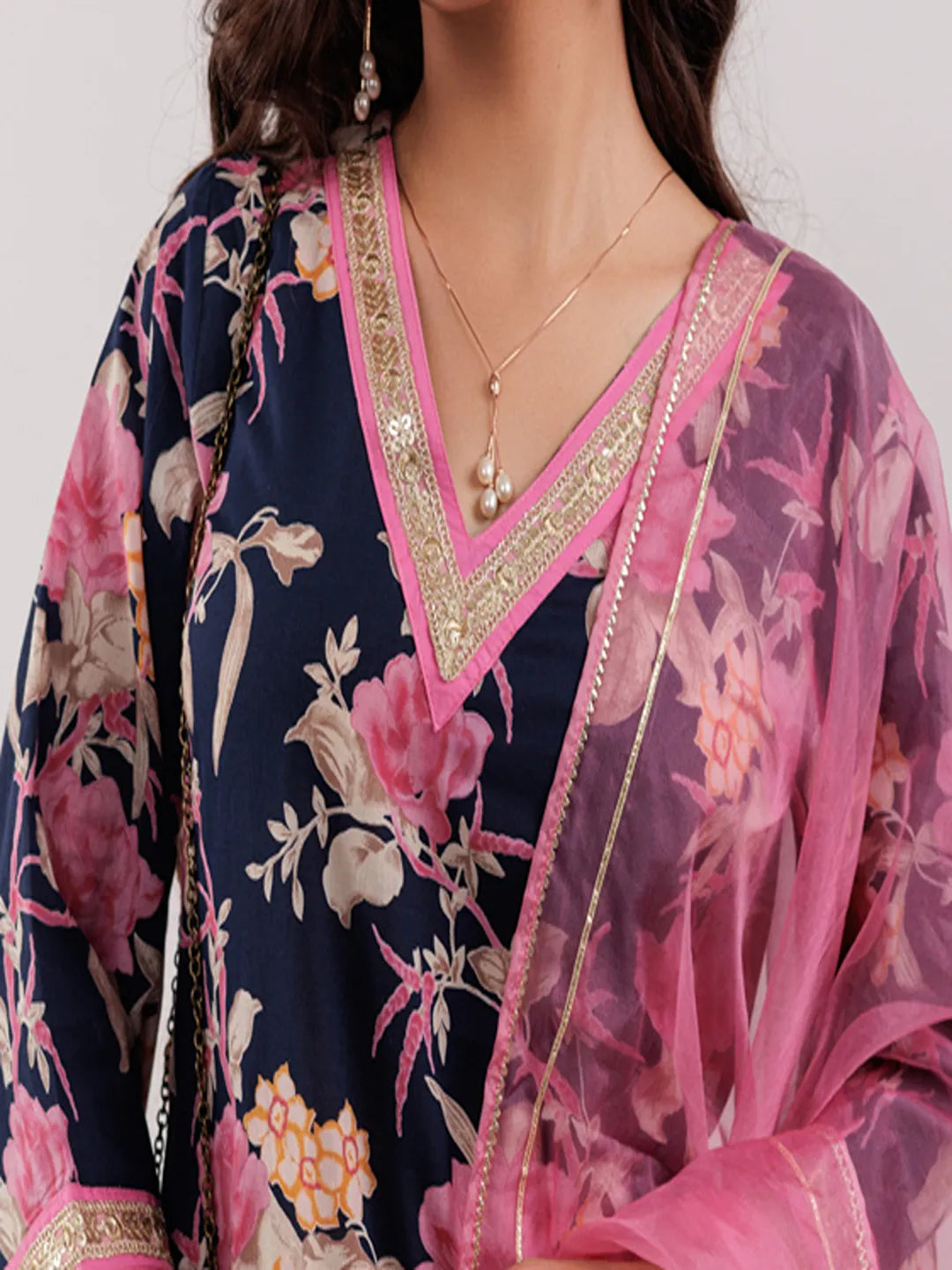 Yufta Navy Blue Floral Print Cotton Straight Kurta Trouser With Dupatta Set | Grocsy