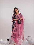 Yufta Navy Blue Floral Print Cotton Straight Kurta Trouser With Dupatta Set | Grocsy