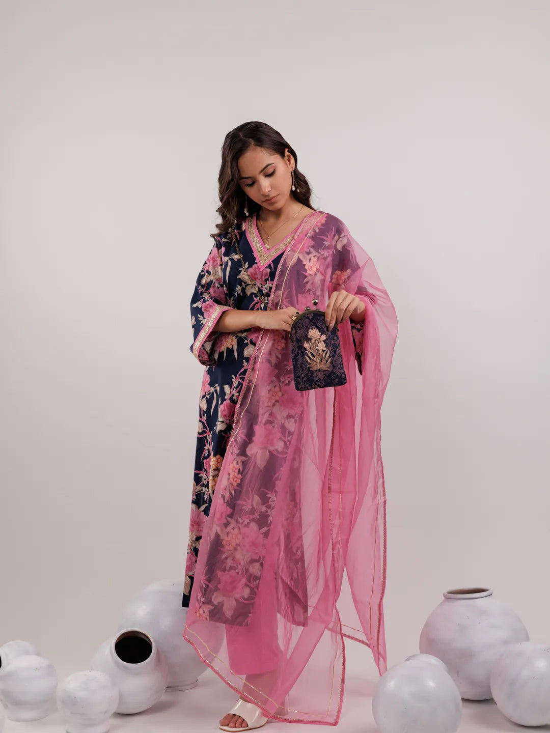 Yufta Navy Blue Floral Print Cotton Straight Kurta Trouser With Dupatta Set | Grocsy