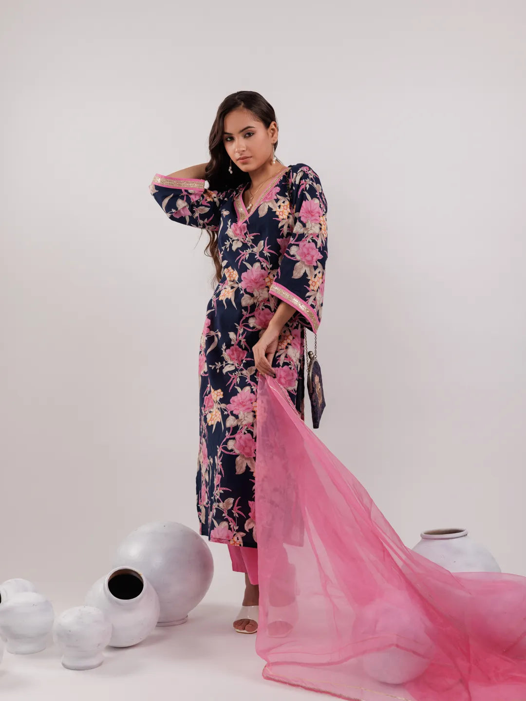 Yufta Navy Blue Floral Print Cotton Straight Kurta Trouser With Dupatta Set | Grocsy