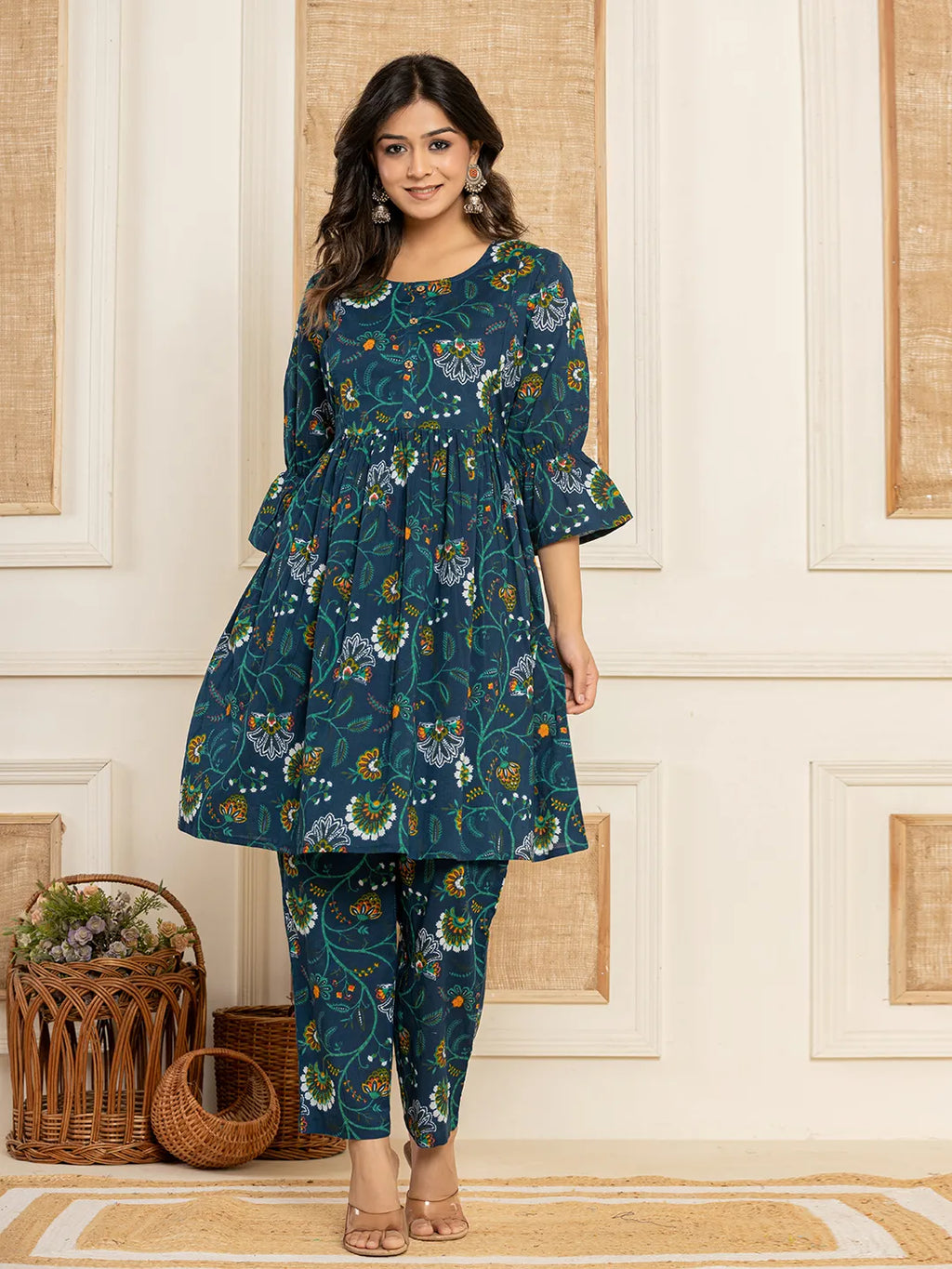 Yufta Blue Cotton Maternity Kurta Pants Set | Grocsy