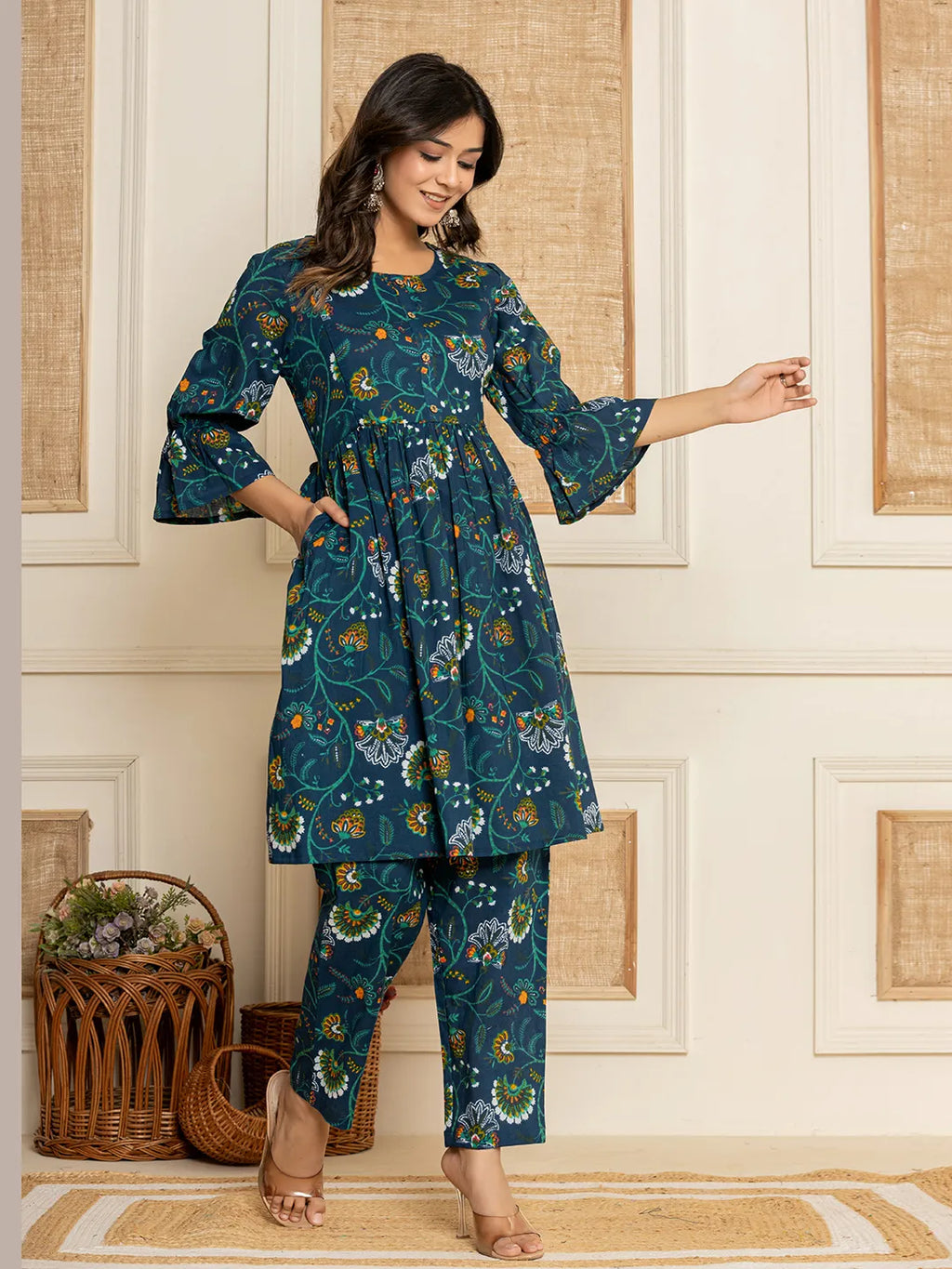 Yufta Blue Cotton Maternity Kurta Pants Set | Grocsy