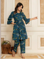 Yufta Blue Cotton Maternity Kurta Pants Set | Grocsy
