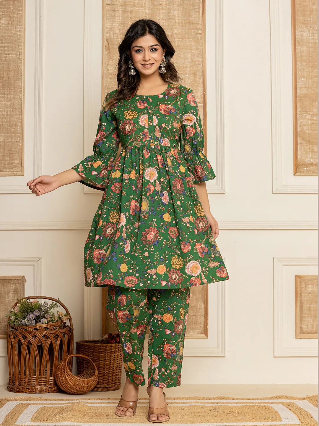 Yufta Green Cotton Maternity Kurta Pants Set | Grocsy