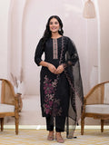 Yufta Black Embroidered Silk Blend Straight Kurta Dupatta Set | Grocsy