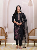 Yufta Black Embroidered Silk Blend Straight Kurta Dupatta Set | Grocsy