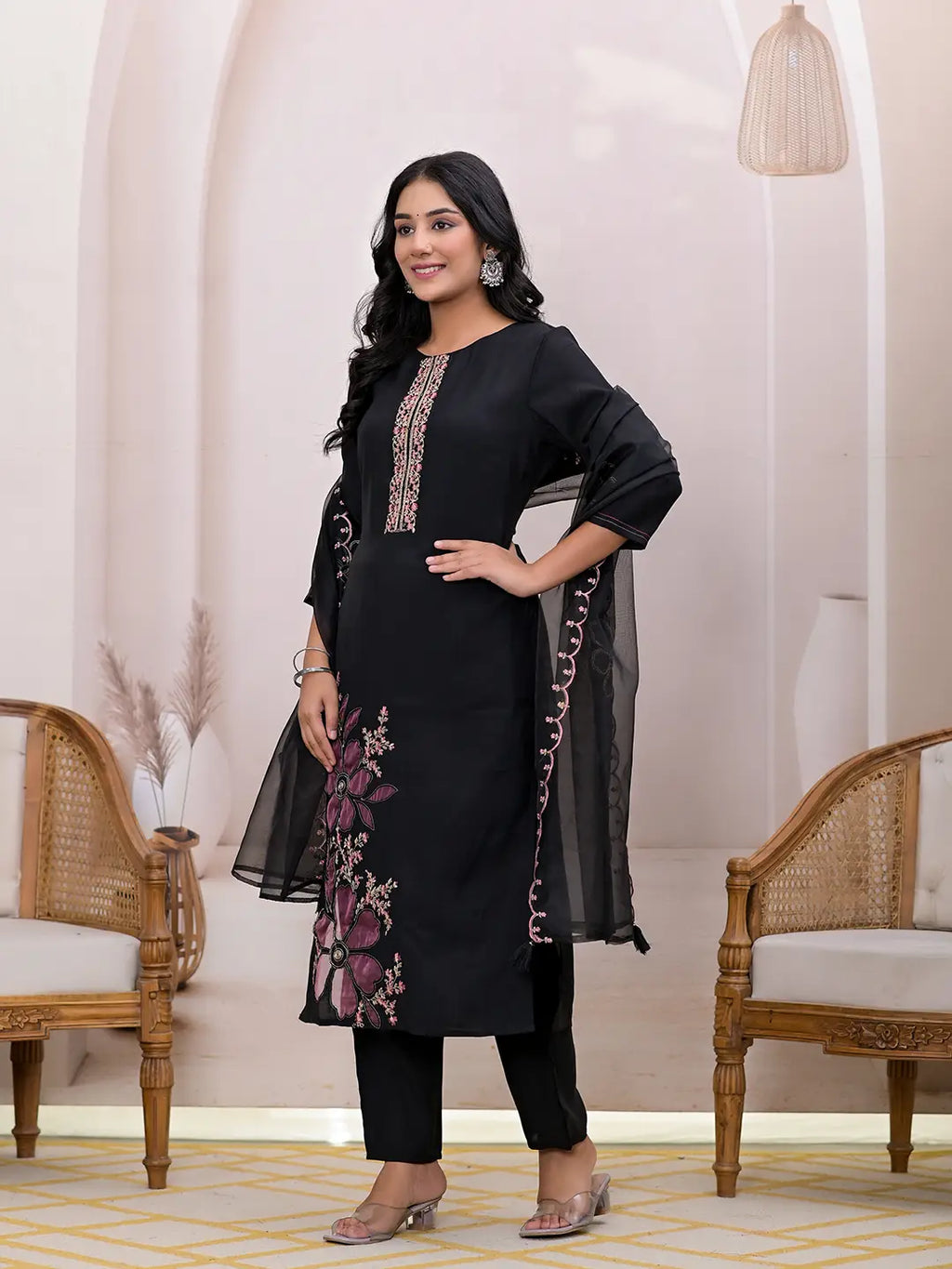 Yufta Black Embroidered Silk Blend Straight Kurta Dupatta Set | Grocsy
