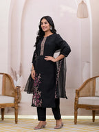 Yufta Black Embroidered Silk Blend Straight Kurta Dupatta Set | Grocsy