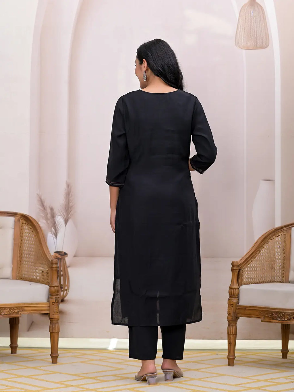 Yufta Black Embroidered Silk Blend Straight Kurta Dupatta Set | Grocsy