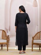 Yufta Black Embroidered Silk Blend Straight Kurta Dupatta Set | Grocsy