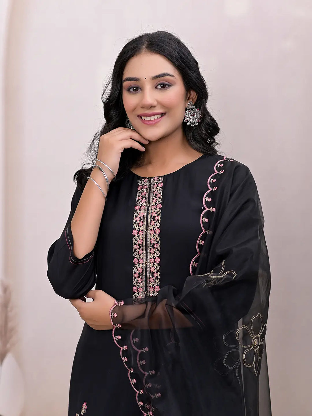 Yufta Black Embroidered Silk Blend Straight Kurta Dupatta Set | Grocsy