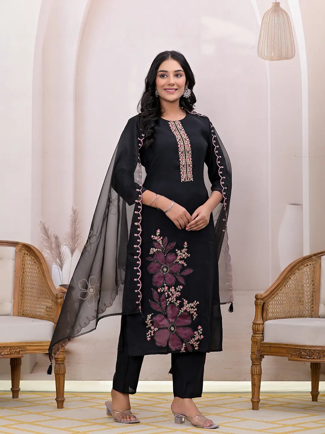 Yufta Black Embroidered Silk Blend Straight Kurta Dupatta Set | Grocsy
