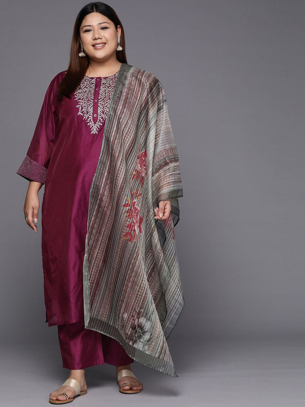 Sztori Plus Size Yoke Design Regular Sequinned Chanderi Silk Kurta & Trousers With Dupatta | Grocsy