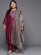 Sztori Plus Size Yoke Design Regular Sequinned Chanderi Silk Kurta & Trousers With Dupatta | Grocsy