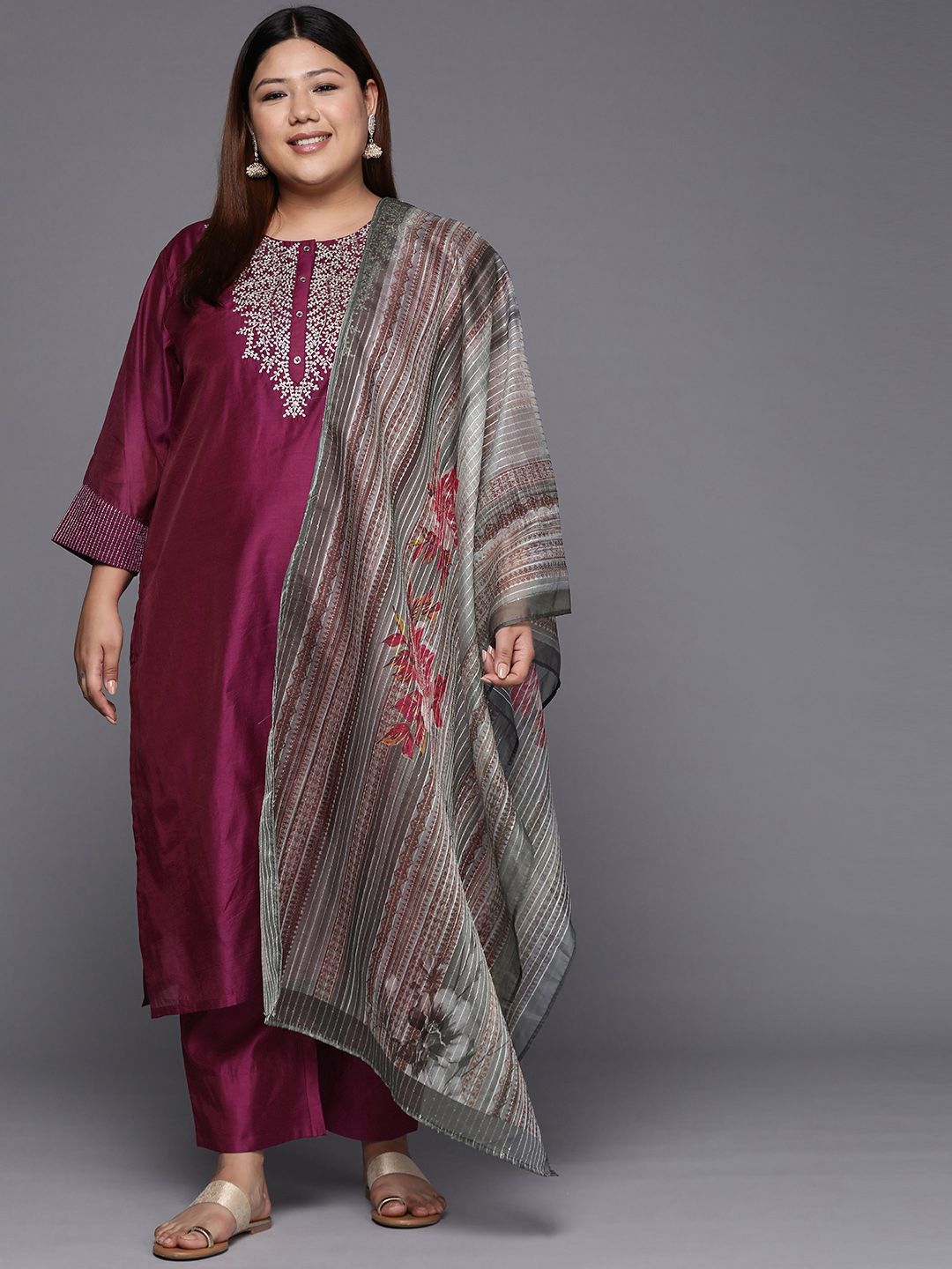 Sztori Plus Size Yoke Design Regular Sequinned Chanderi Silk Kurta & Trousers With Dupatta | Grocsy