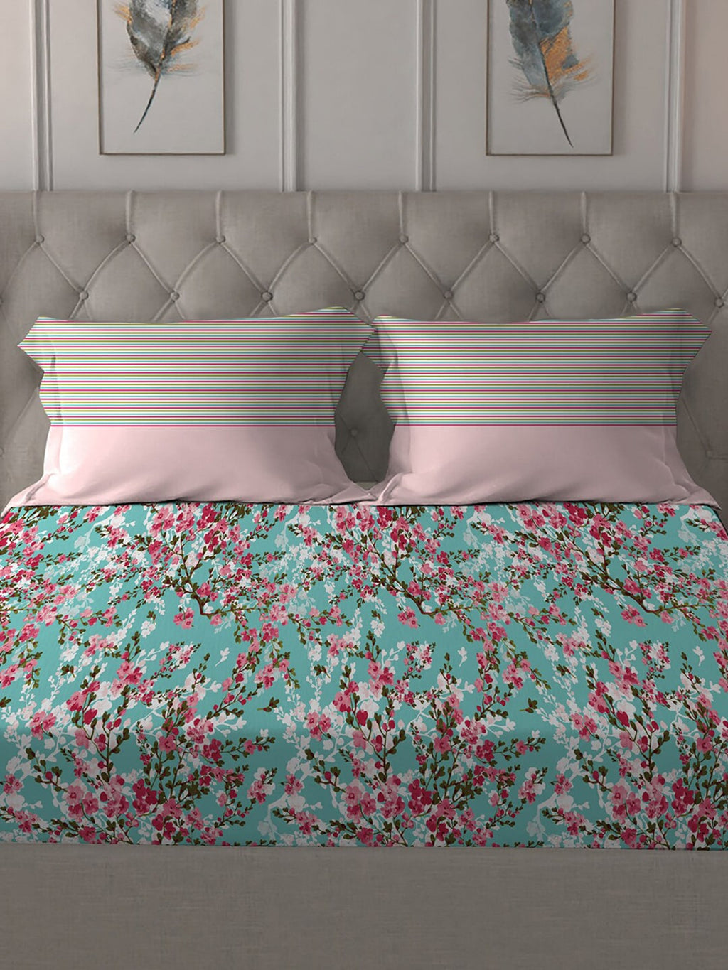 MYTRIDENT Turquoise Blue Pink Floral Pure Cotton 144 TC Queen Bedsheet 2 Pillow Covers | Grocsy