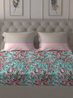 MYTRIDENT Turquoise Blue Pink Floral Pure Cotton 144 TC Queen Bedsheet 2 Pillow Covers | Grocsy