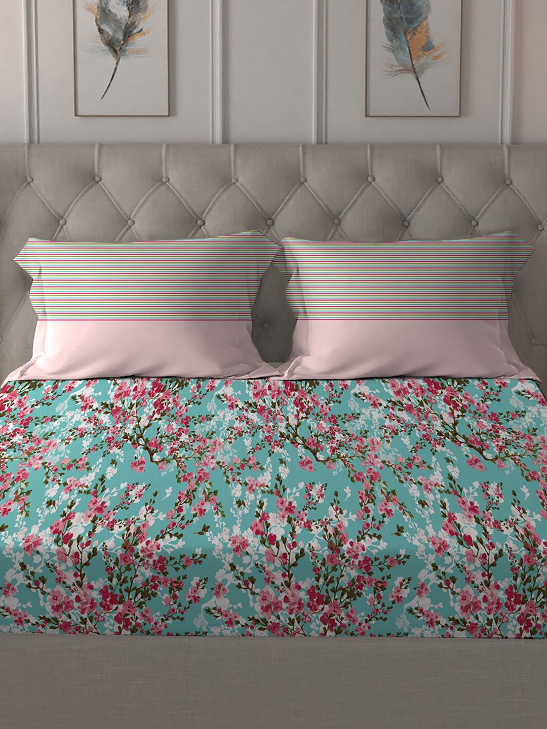 MYTRIDENT Turquoise Blue Pink Floral Pure Cotton 144 TC Queen Bedsheet 2 Pillow Covers | Grocsy