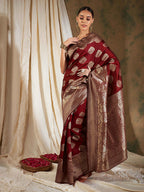 Sangria Maroon Ethnic Motifs Woven Design Zari Banarasi Saree | Grocsy