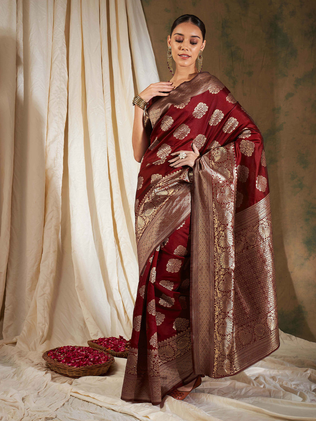 Sangria Maroon Ethnic Motifs Woven Design Zari Banarasi Saree | Grocsy