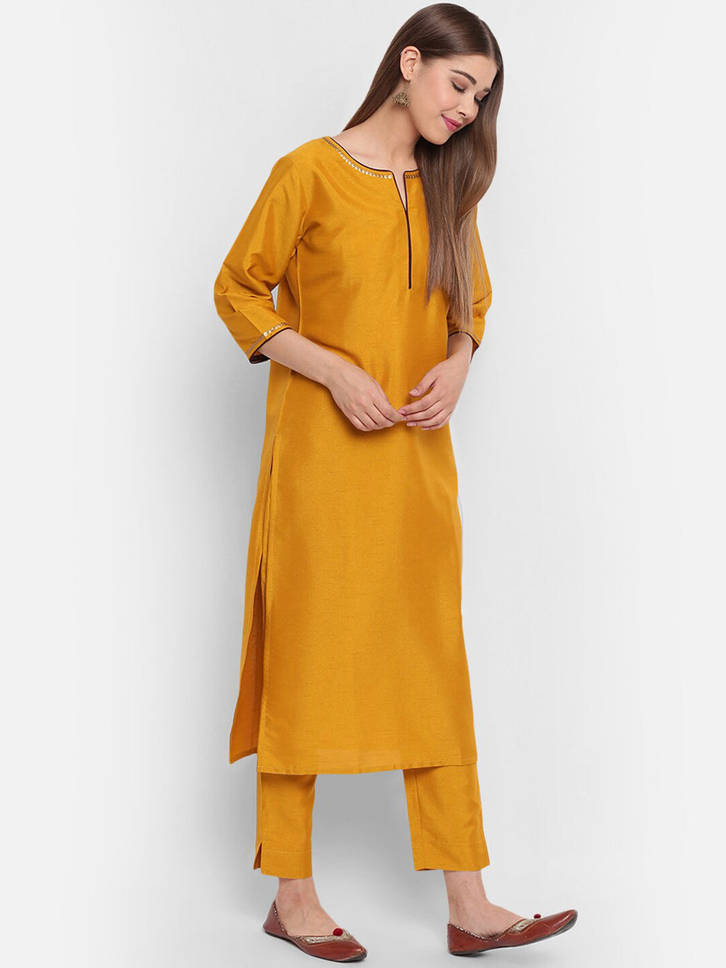 Janasya Women Mustard Yellow & Brown Solid Kurta with Trousers & Dupatta | Grocsy