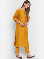 Janasya Women Mustard Yellow & Brown Solid Kurta with Trousers & Dupatta | Grocsy