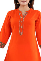 Snehal Creations Rayon Designer Embroidery Orange Tunic | Grocsy