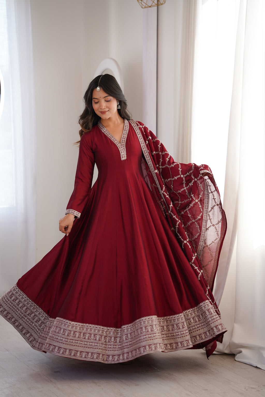 Lorenvalley Fashion Maroon Vichitra Silk with Full Kali Pattern Embroidery work Anarkali Gown with Dupatta | Grocsy