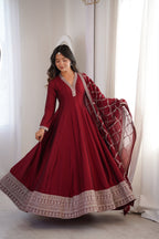 Lorenvalley Fashion Maroon Vichitra Silk with Full Kali Pattern Embroidery work Anarkali Gown with Dupatta | Grocsy