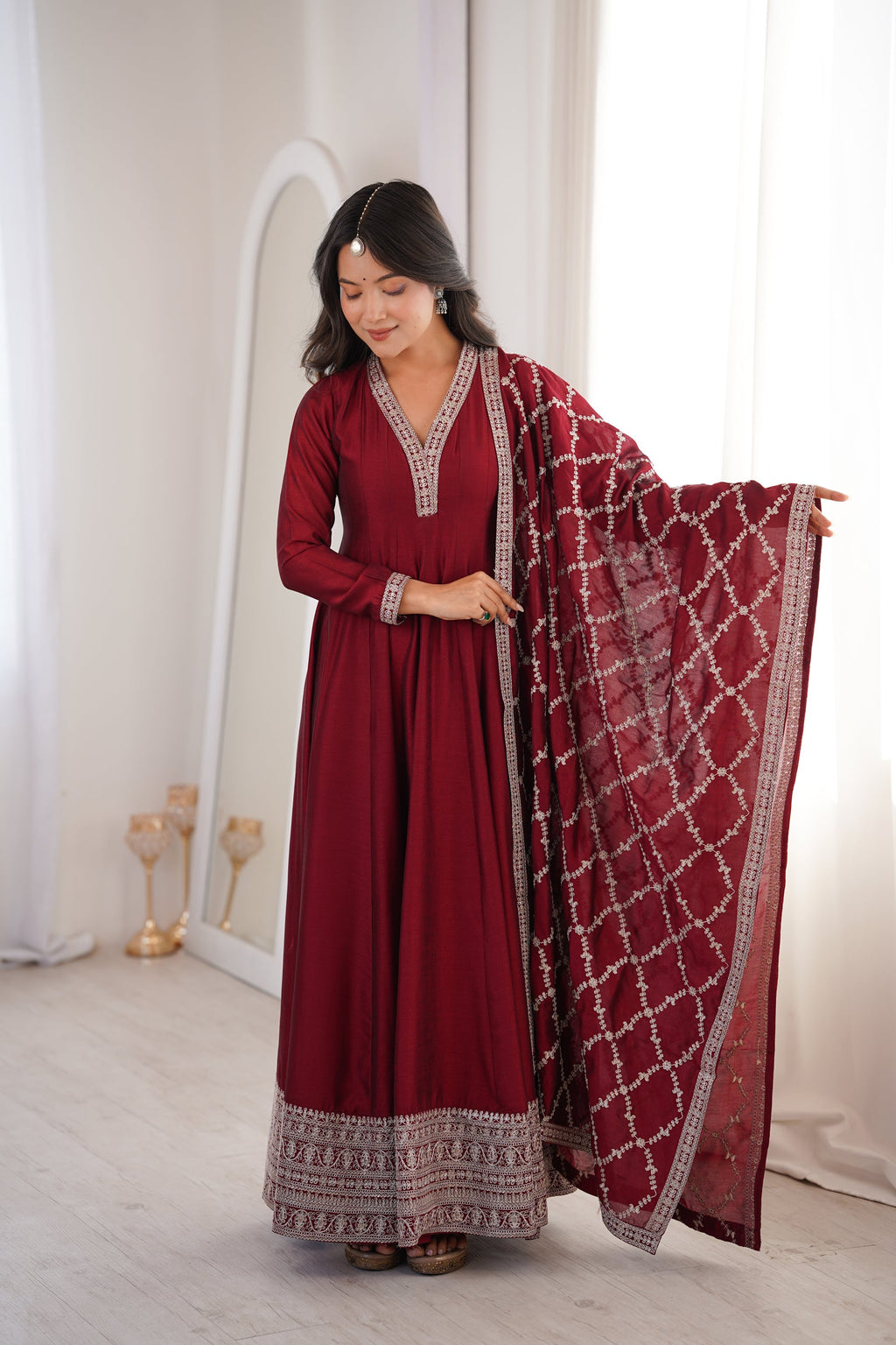 Lorenvalley Fashion Maroon Vichitra Silk with Full Kali Pattern Embroidery work Anarkali Gown with Dupatta | Grocsy