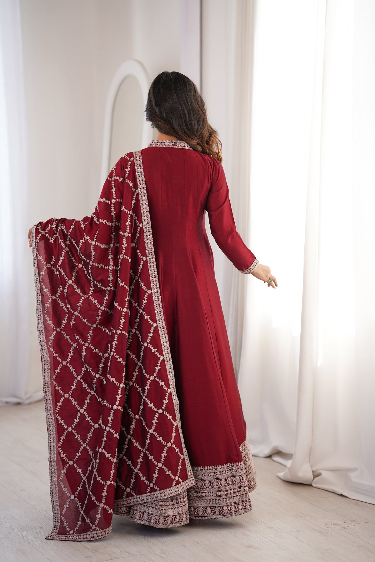Lorenvalley Fashion Maroon Vichitra Silk with Full Kali Pattern Embroidery work Anarkali Gown with Dupatta | Grocsy