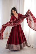 Lorenvalley Fashion Maroon Vichitra Silk with Full Kali Pattern Embroidery work Anarkali Gown with Dupatta | Grocsy