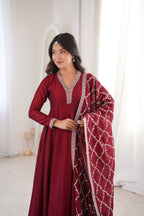 Lorenvalley Fashion Maroon Vichitra Silk with Full Kali Pattern Embroidery work Anarkali Gown with Dupatta | Grocsy